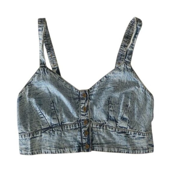 Live 4 Truth Stone Wash Shirred Back Button Front Denim Bralette Cropped Top L - Picture 2 of 12